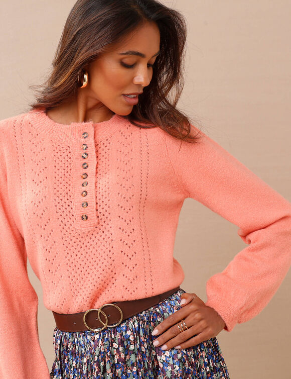 Pull ajouré col tunisien boutonné (pêche) Pull ajouré col tunisien boutonné (pêche)